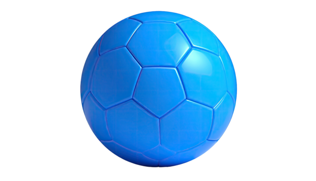 A vibrant blue sphere, with hexagonal and pentagonal panels, on a black background