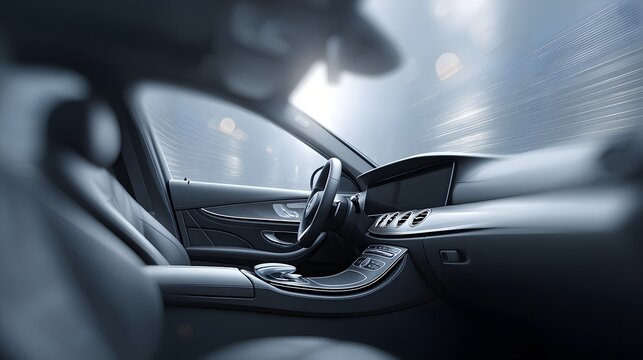 Luxury car interior blurred panoramic AR workspace floating across lounge walls - Powered by Adobe
