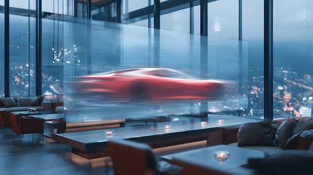Luxury car interior blurred panoramic AR workspace floating across lounge walls - Powered by Adobe