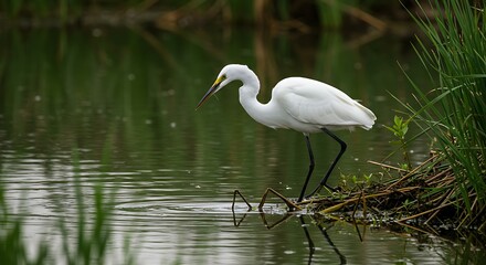 Naklejka premium White bird standing on water surrounded by greenery in natural environment