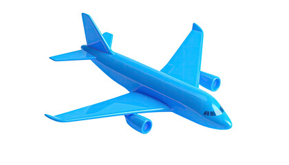 A glossy blue airplane with four engines and wings on a stark black background