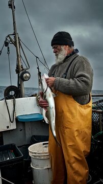 An old fisherman with a long white beard proudly holds up a large codfish on his boat in a rough sea, representing the commercial fishing industry, hard work, and a traditional lifestyle