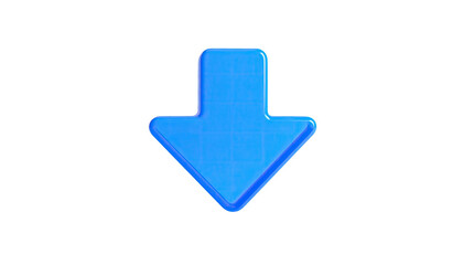 A glossy, blue arrow pointing downwards, rendered against a stark black background
