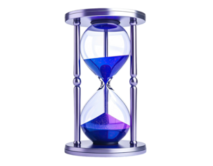 A detailed hourglass, with a light-purple/blue gradient, sits on a dark background