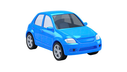 A vibrant blue hatchback car, sleek and rendered on a black background