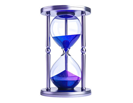 A detailed hourglass, with a light-purple/blue gradient, sits on a dark background