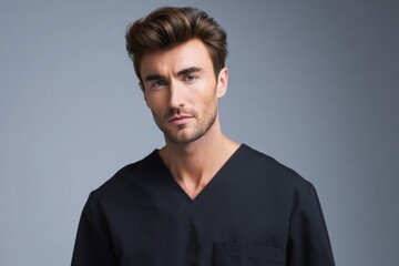 Obraz premium Young caucasian male in black scrubs with neutral expression