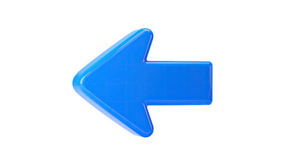 A glossy blue arrow pointing left, floating against a solid black background