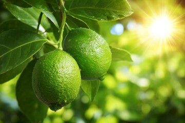 Bright sunlit limes hanging from tree branch with fresh green leaves