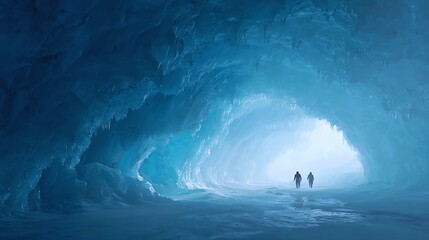 Two silhouetted figures explore a majestic blue ice cave with glowing light entrance