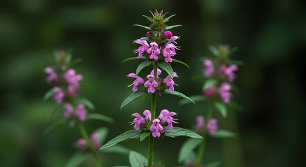 Vibrant purple wildflowers with green leaves against a blurred background