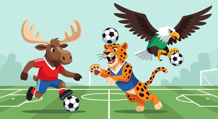 Fototapeta premium Cartoon Animals Playing Soccer: A Fun and Playful Illustration for Children's Entertainment