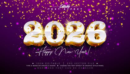 Fototapeta na wymiar 2026 Happy New Year 3D Text Effect Design Editable and Scalable Vector Graphic Style with Gold Typography Lettering and Falling Confetti on Dark Background. Christmas Holiday Illustration Template