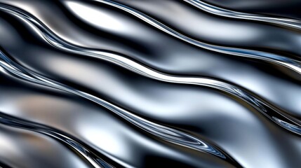 Obraz premium Abstract Chrome Waves Create a Reflective Texture with Smooth, Glossy 3D Liquid Ripple Effect