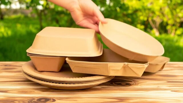 Biodegradable food containers and plates on a wooden table outdoors