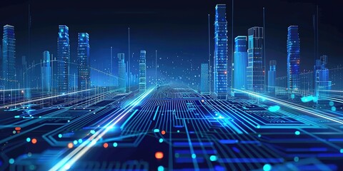 Futuristic Cyber City with Circuitry. It depicts a neon - lit cityscape merged with digital circuits. Perfect for tech presentations, sci - fi artwork.