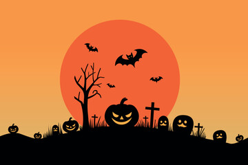 Red moon halloween, spooky pumpkins and graveyard in vector illustration
