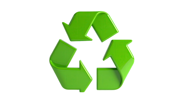 A glossy, three-arrow symbol, green, over a black background, denoting repurposing