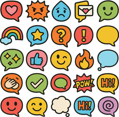 Colorful cartoon speech bubbles and emojis collection
