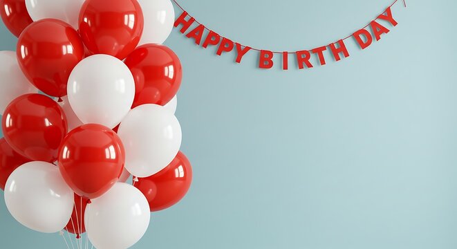 Vibrant red and white balloons with festive banner on a light blue background - Powered by Adobe