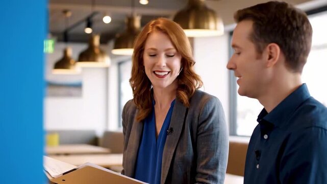Two colleagues converse in a modern, well-lit office; a redheaded woman in a blazer holds a notebook and speaks while a man listens attentively near pendant lights and large windows with notes