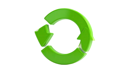 Bright green, three-arrowed recycling symbol, isolated against a stark black background