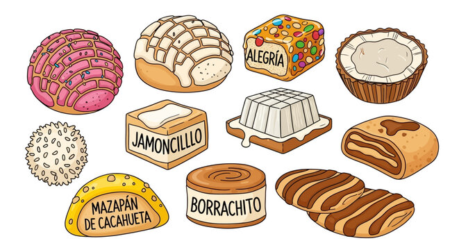 Colorful hand-drawn illustration showcasing various traditional Mexican sweets and desserts