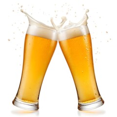 Two Tall Glasses of Golden Beer with Splash and Foam Against White Background – Refreshing Celebration Concept
