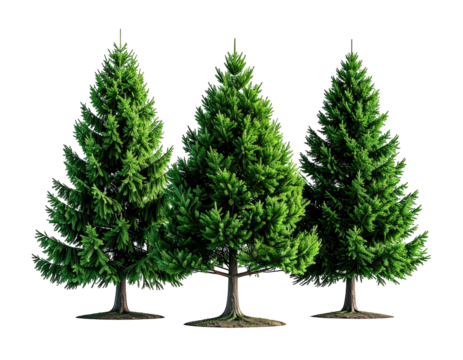 Three green fir trees, isolated, in a row