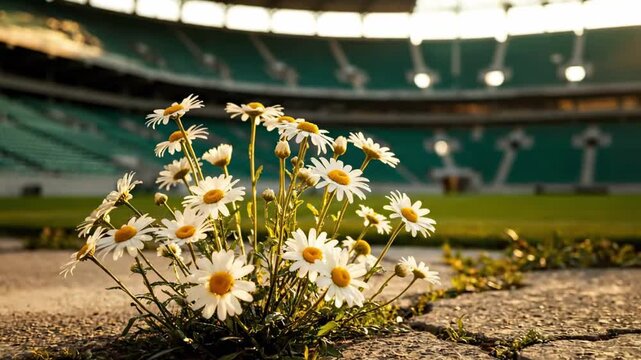 Low-angle closeup of white daisies pushing through cracked stadium pavement sunlit petals and yellow centers contrasted against empty green stands and roofline, evoking strength and quiet beauty