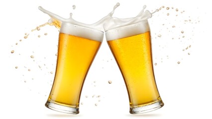 Two Tall Glasses of Golden Beer with Splash and Foam Against White Background – Refreshing Celebration Concept