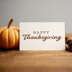 Minimal White Card with Orange Pumpkin on Light Gray Beige Wooden Table Happy Thanksgiving Greeting