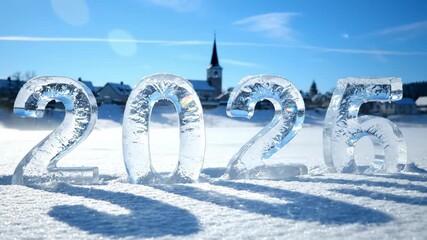 Glistening ice numerals 2026 stand on snow beneath a crisp blue sky; bright sunlight refracts through carved surfaces, casting long shadows across a tranquil village scene with distant steeple - Powered by Adobe