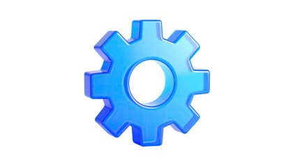 A vibrant blue gear icon, rendered in 3D, isolated on a stark black background