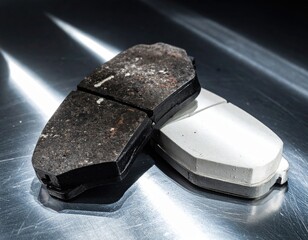 Old and New Car Brake Pads on Metal Surface