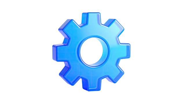 A vibrant blue gear icon, rendered in 3D, isolated on a stark black background