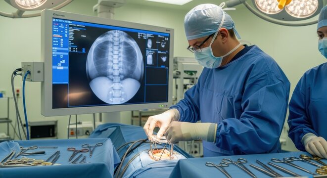 Surgeon performing spinal surgery with medical imaging guidance in operating room.
