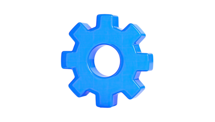 A vibrant, glossy blue gear icon with a slight 3D effect, isolated on black