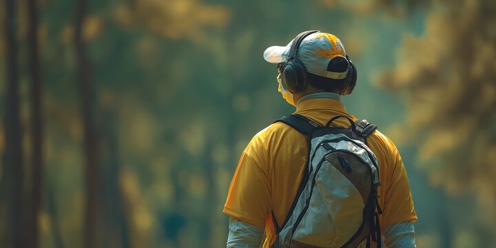 Person in yellow shirt, headphones, and backpack hiking in forest