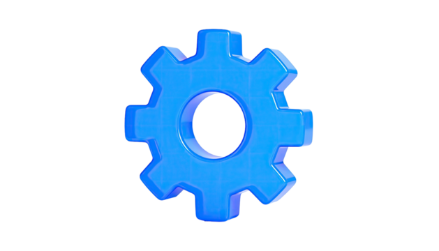 A vibrant, glossy blue gear icon with a slight 3D effect, isolated on black