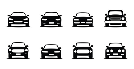 Black car front view icons set featuring diverse vehicle silhouettes for automotive design, transport apps, and vehicle identification UI