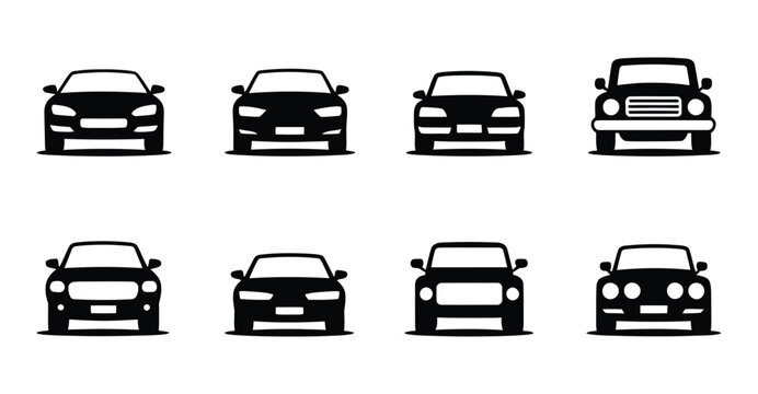 Black car front view icons set featuring diverse vehicle silhouettes for automotive design, transport apps, and vehicle identification UI