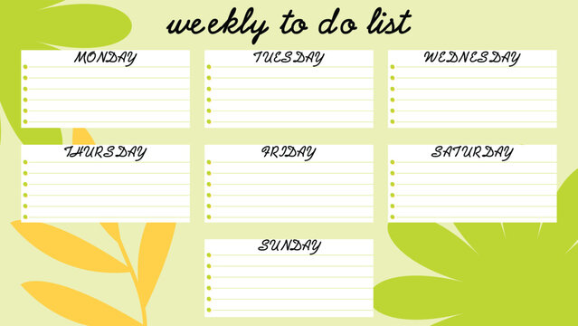 Creative weekly to do list planner template featuring daily task boxes with leaf decorations ideal for productivity organization study routine office planning and personal task management