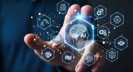 Hand Reaching Toward AI Interface – Futuristic Technology Concept Illustration