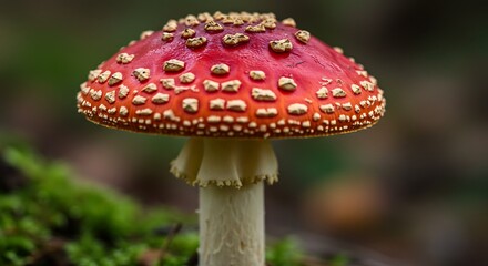 Obraz premium Vibrant red and white mushroom in a forest environment close up