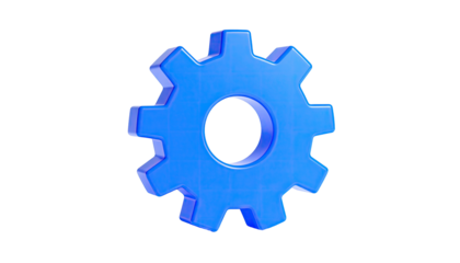 A vibrant, 3D blue gear icon set against a stark, black background