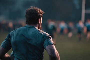 Rugby player focused, blurred background