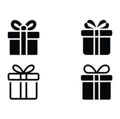 Black and white gift box icons set featuring solid and outline styles with ribbon and bow for celebration, holiday, and festive design