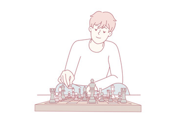 Young man feel frustrated think playing chess at home. Millennial guy involved in game on chessboard. Hobby concept. Vector illustration.