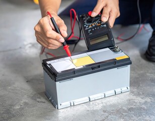 Adult hands checking car battery with digital multimeter
